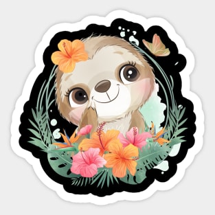 cute little sloth portrait with floral Sticker